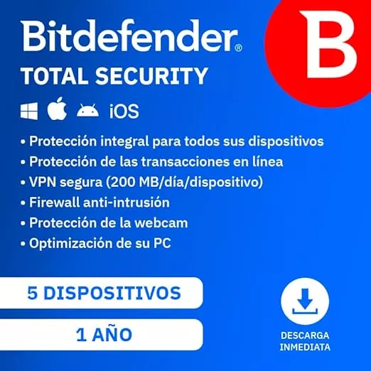         Bitdefender Total Security | 5 Dispositivo | 12 Meses | PC/Mac/Mobile | Código de activación