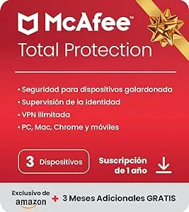         McAfee Total Protection 2023 | Exclusivo en Amazon | 3 Dispositivos | 12 Meses + 3 | Softwar